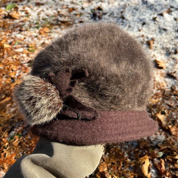 Y2K Angora Rabbit Fur Knit Hat + Genuine Fur Accent Brown - Picture 10 of 16